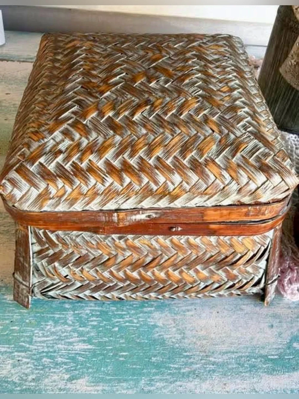 Set of 2 Distressed Woven Wicker Baskets Round and Square 7x5 Lidded Bombay